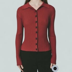 Zara Ribbed Knit Top Long Sleeved Sweater Button Front Brick Red Medium